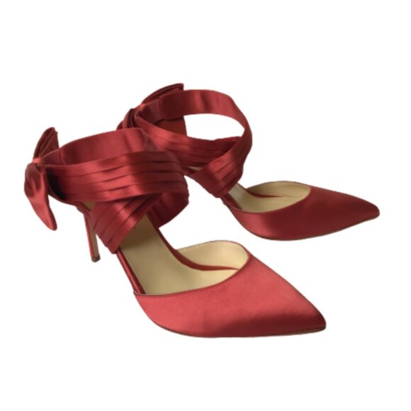 NWOB Sarah Flint Ankle Bow Wrap Heels Womens 37.5 7.5 Salmon Pink Pointed Toe - Picture 6 of 13
